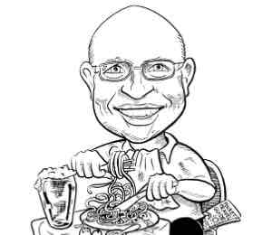 Caricaturists black and white birthday caricatures man eating a spaghetti Christmas meal in an Aberdeen Scotland restaurant