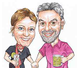 Caricature artists married couple celebrating their wedding anniversary in Aberdeen Scotland with gin and tonic and beer