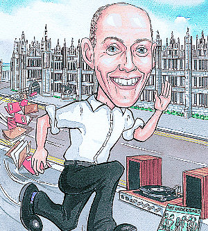 Funny cartoon caricature of a happy worker running away from an office building to celebrate his retirement