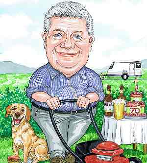 A personalised relaxing 70th birthday cartoon caricature from photos of a smiling Scotsman gardening, pushing a lawnmower while drinking a pint of beer