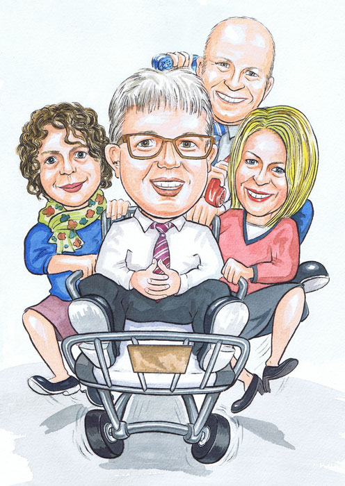 Artist caricatures of London NHS hospital manager from photos being wheeled in a hospital trolley