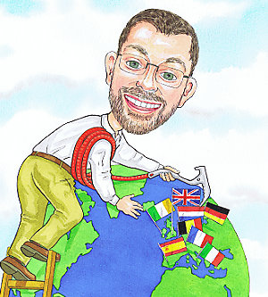Hand-painted cartoon caricature of a man standing on top of a globe