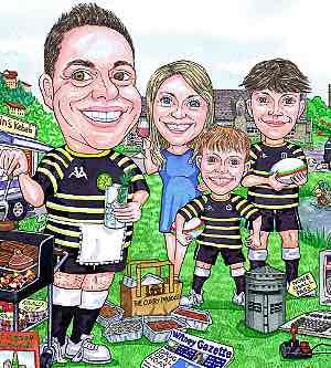 Hand-drawn caricature of an English man and his family barbecuing for his birthday, by Scottish cartoonist Ron M Smith.
