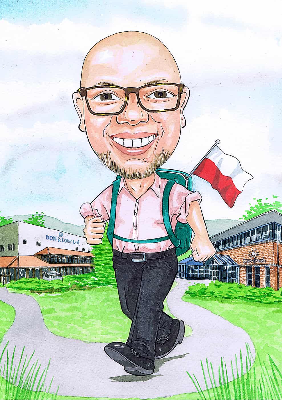 A funny Scottish hand drawn cartoon caricature from photos of an Aberdeen Polish man leaving his old work place for pastures new