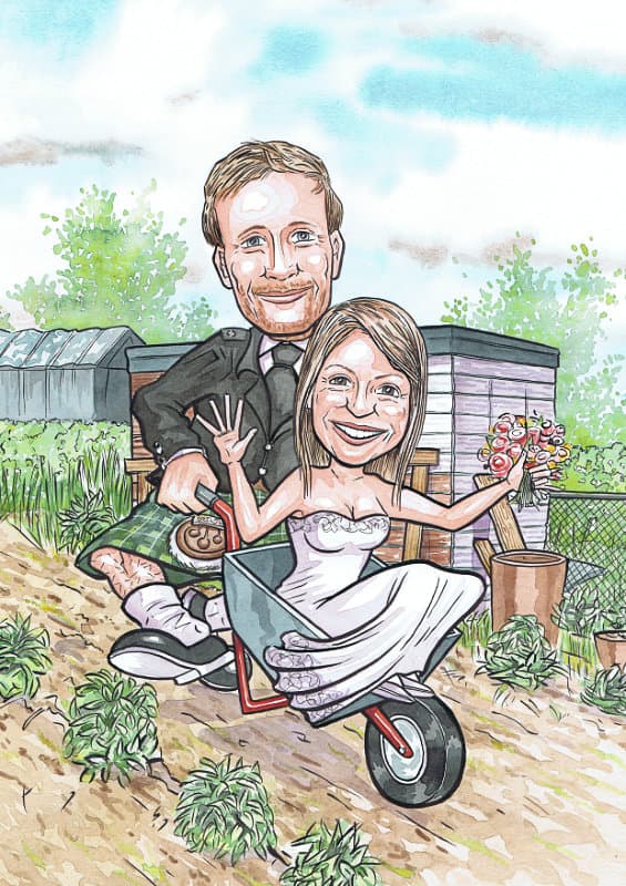 Caricature of a Scottish groom in a kilt pushing his bride in a wheelbarrow