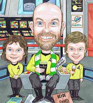 Comic caricature drawing from photos of the Star Trek Starship Enterprise with a British family birthday theme.