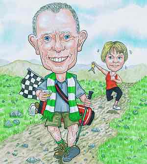 A funny caricature drawing from a photo of a birthday couple walking up a grassy hill in Scotland UK.
