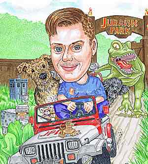 Cartoon caricature of a Scottish man escaping a T-Rex with his dogs in Jurassic Park