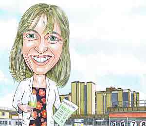 Scottish retirement gift for a pharmacist with caricatures of Inverness hospital in the background hand drawn from photos