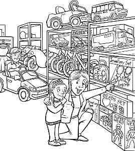 Comical cartoonists children playing in an Aberdeen Scotland toy shop colour in book.