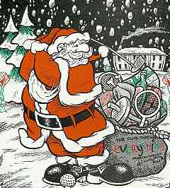 Scottish cartoonists Santa Claus playing golf in a business sports club.