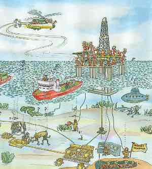 Funny Aberdeen cartoonists busy oil rig set in the Scottish North Sea.