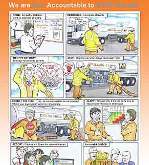 Comical business health and safety cartoon strip set in a Scottish petrol station.