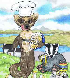 Scottish Badger and Stoat cooking eggs and eating sandwiches for Aberdeen cartoon Christmas Gift