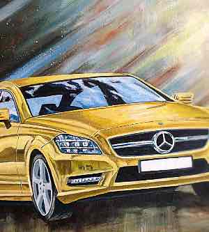 SScottish Cartoonists Gold painted Mercedes Benz CLS AMG Car Illustrations.