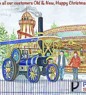 AScottish illustrators couple visiting an old fashioned London Christmas carnival with cartoon steam tractor.