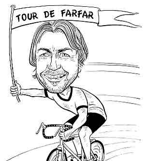 Caricaturists funny cyclist racing through Scotland streets waving a Forfar flag.