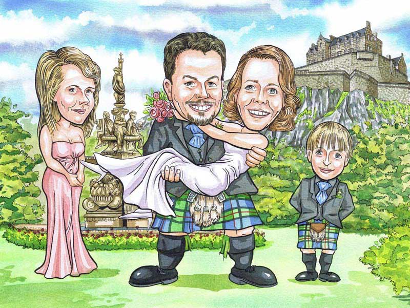 Scottish caricatures of a bride and groom standing in front of Edinburgh Castle.