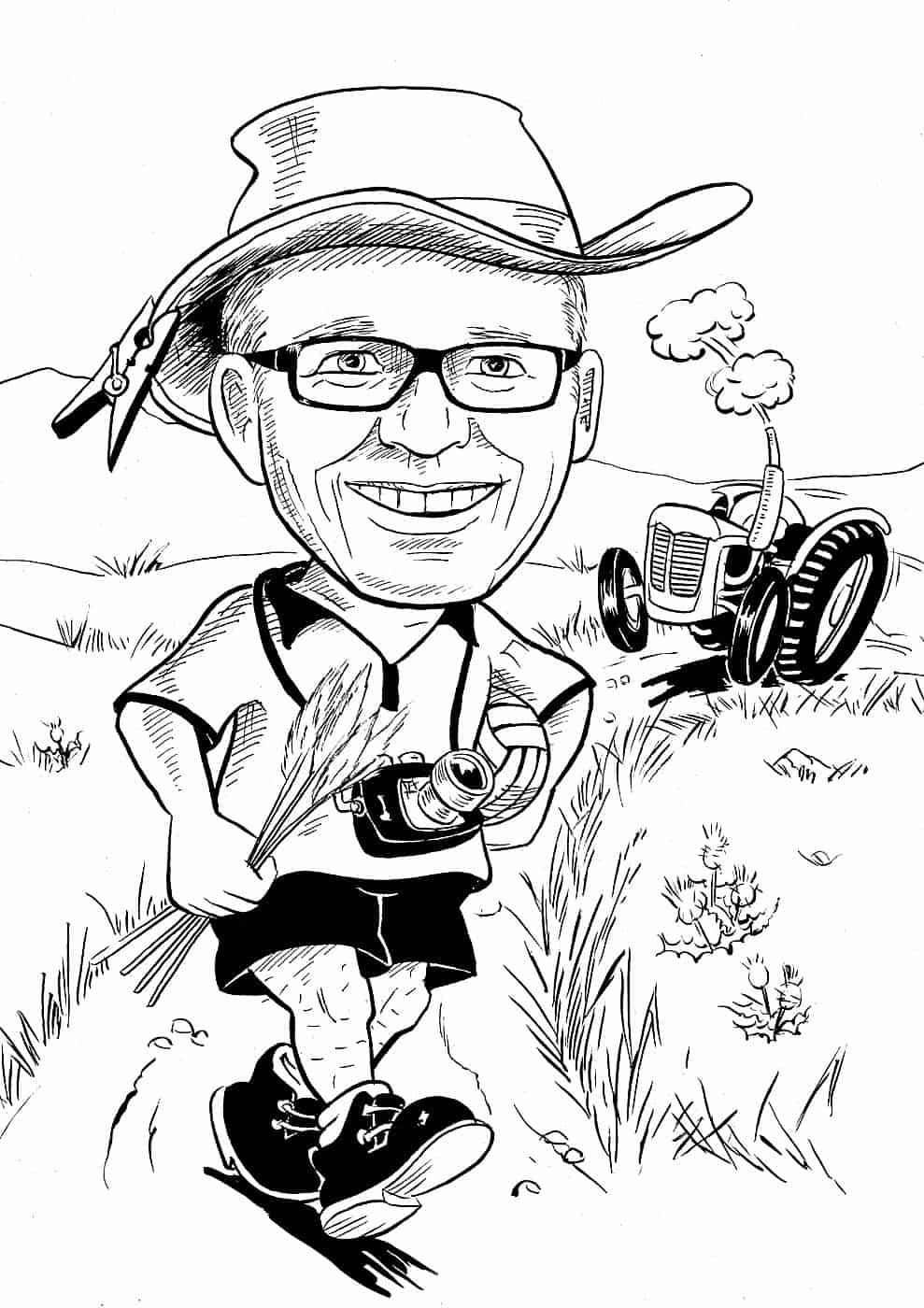Cartoon caricature of a Scottish farmer taking his Ferguson tractor for a walk in the countryside