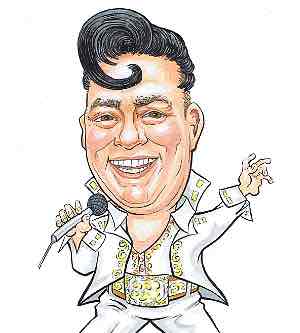 Custom Scottish birthday caricatures from photos featuring an Elvis impersonator singing on stage in Aberdeen