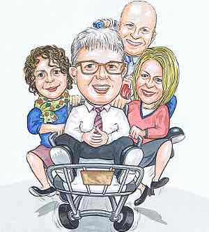 Comical caricatures from photos, drawn as a Scottish office leaving gift.